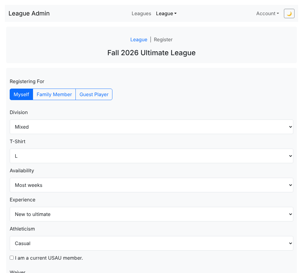 The sign-up form for a league, showing the Registering For choice (Myself, Family Member, Guest Player) and the division, T-shirt, availability, experience and athleticism choices.